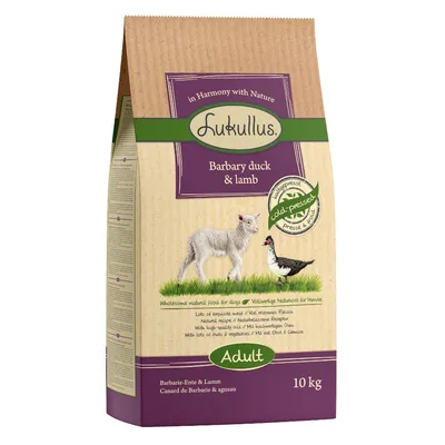 Sac de croquettes Lukullus Barbary duck & lamb, Adult, 10 kg, mention presse à froid, texte visible en anglais et français : canard de Barbarie & agneau, alimentation naturelle pour chiens.