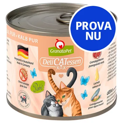 GranataPet DeliCATessen kattmat, kalv, paté. Text: 'Hergestellt in Deutschland', 'Ohne Getreide', 'Ohne Tierversuche'. Blå cirkel med texten 'PROVA NU'.