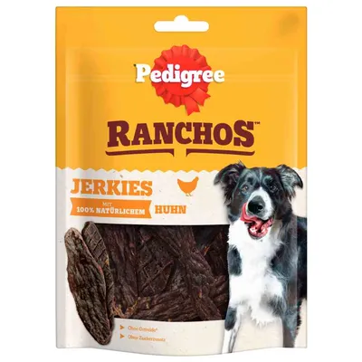 Pedigree Ranchos Jerkies mit 100% natürlichem Huhn, bez žitarica i dodatka šećera, pakiranje s prozorčićem i slikom psa.