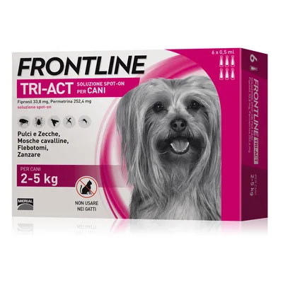 Confezione Frontline Tri-Act soluzione spot-on per cani 2–5 kg, 6 x 0,5 ml. Pulci e zecche, mosche cavalline, flebotomi, zanzare. Non usare nei gatti. Fipronil 33,8 mg, permetrina 252,4 mg. Confezione Frontline Tri-Act soluzione spot-on per cani 2–5 kg, 6 x 0,5 ml. Pulci e zecche, mosche cavalline, flebotomi, zanzare. Non usare nei gatti. Fipronil 33,8 mg, permetrina 252,4 mg.