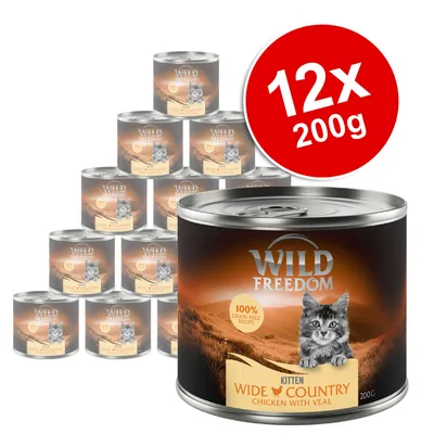 Wild Freedom Kitten Wide Country Chicken with Veal, 12 x 200g cans, 100% grain-free recipe visible on label. Image shows stacked tins and large red circle with '12x 200g'.