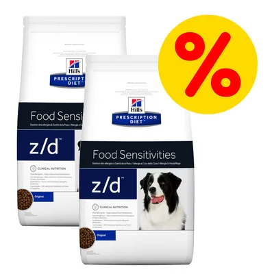 Hill's Prescription Diet z/d Food Sensitivities dla psów, 2 opakowania, promocja procentowa. Widoczny pies na opakowaniu oraz tekst: Clinical Nutrition, Original.