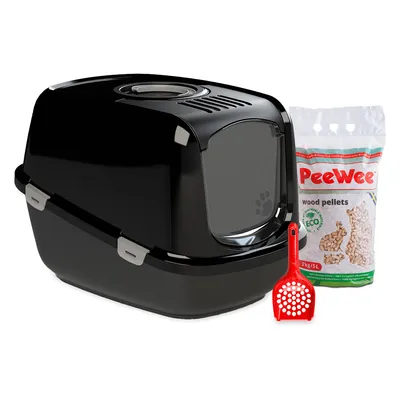 Schwarze Katzentoilette mit Sichtschutz, PeeWee Holzpellets 3kg/5L und rote Streuschaufel. Sichtbar: Eco-Zertifikat auf Verpackung.