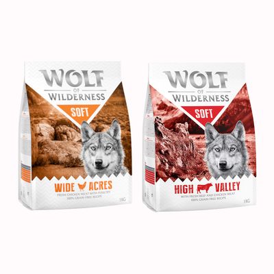 Wolf of Wilderness -koiranruokapakkaukset: The Taste of Canada ja Wild Hills, 1 kg. Teksti: 100% grain-free recipe. Oranssi ympyrä: Kokeile nyt!