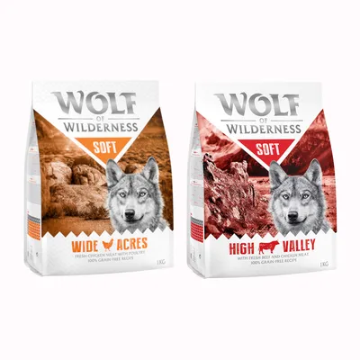 Dvojno-mešano pakiranje! 2 x 1 kg Wolf of Wilderness Adult suha hrana -  Soft miks: Wide Acres piščanec + High Valley govedina
