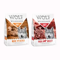 2 maun yhteispakkaus! 2 x 1 kg Wolf of Wilderness Adult -kuivaruokaa -  Soft & Strong Mix: Wide Acres - kana + High Valley - nauta