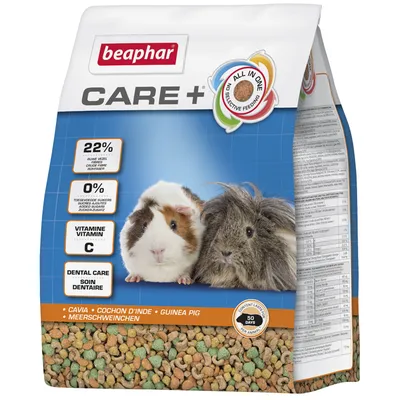 beaphar CARE+ marsvinefoder, 22 % råfiber, 0 % tilsat sukker, vitamin C, dental care, billede af to marsvin, tekst: cavia, guinea pig, indhold rækker til 50 dage pr. dyr