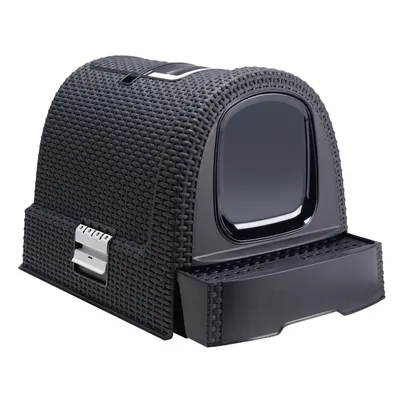 Toilette coperta per gatti in plastica nera con motivo intrecciato, sportello basculante scuro e cassetto estraibile visibile nella parte inferiore.
