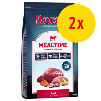 Rocco Mealtime Complete Dog Food Beef, 12 kg. Text: Grain free recipe, 70% animal ingredients, rich in fresh beef, full taste. Bild på kött, grönsaker. Gul cirkel med röd text: 2x.