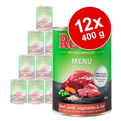 Rocco MENU, 12x400 g dåser. Beef, lamb, vegetables & rice. Enriched with carbohydrates. Billede viser kød, grøntsager og ris på etiketten.