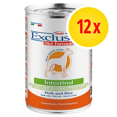 Dorado Exclusive Diet Formula Intestinal, maiale e riso, confezione da 12 lattine. Testo visibile: Mono protein source, Veterinary Formulation, Product of Italy.