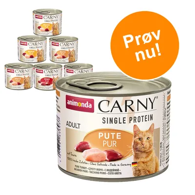 Animonda Carny Single Protein Adult kattemad dåser: Huhn Pur, Pute Pur, Rind Pur. Stor orange cirkel med teksten 'Prøv nu!'. Synlig ingredienstekst og billede af kat. Animonda Carny Single Protein Adult kattemad dåser: Huhn Pur, Pute Pur, Rind Pur. Stor orange cirkel med teksten 'Prøv nu!'. Synlig ingredienstekst og billede af kat.