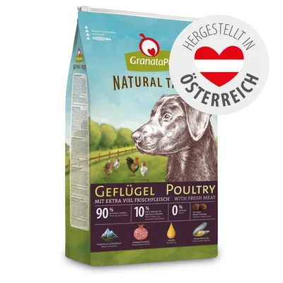 GranataPet Natural Taste Geflügel mit extra viel Frischfleisch, 90% Geflügel, 10% Öle und Gemüse, 0% Getreide, hergestellt in Österreich.