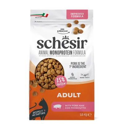 Schesir Animal Monoprotein Formula adult con prosciutto di maiale, 1,5 kg, 35% proteine, contiene prebiotici, ricetta migliorata, ingrediente principale maiale, prodotto in Italia. Schesir Animal Monoprotein Formula adult con prosciutto di maiale, 1,5 kg, 35% proteine, contiene prebiotici, ricetta migliorata, ingrediente principale maiale, prodotto in Italia.