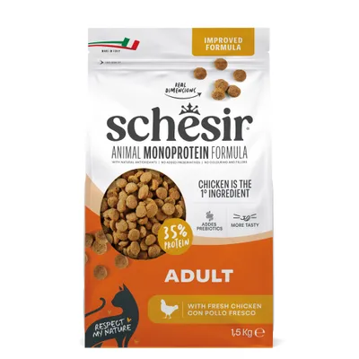 Schesir Animal Monoprotein Formula Adulto, 1,5 kg, com frango fresco, 35% de proteína, melhorado, prebióticos, Fabricado em Itália, ingrediente principal frango. Schesir Animal Monoprotein Formula Adulto, 1,5 kg, com frango fresco, 35% de proteína, melhorado, prebióticos, Fabricado em Itália, ingrediente principal frango.