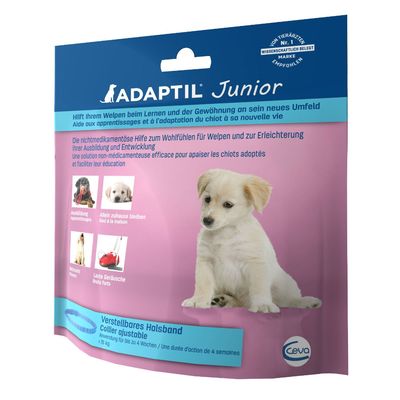 ADAPTIL Junior, collier ajustable pour chiot, solution non-médicamenteuse, durée d’action 4 semaines, jusqu’à 15 kg, marque Ceva. Texte en français et allemand visible.