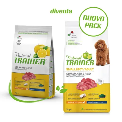 Natural Trainer hundefoder, SMALL&TOY/ADULT, CON MANZO E RISO WITH BEEF AND RICE, 7 kg. Synligt oksekød, citron, æble, tekst: Yucca Schidigera, Alga Spirulina. Made in Italy. Nuovo Pack.