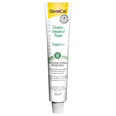 Tube GimCat Gastro Intestinal Paste Digestion, 50 g. Texte visible : Digestive-System Protection, Expert Line, recommandé par vétérinaires. Inscriptions en anglais et allemand.
