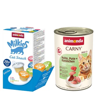 animonda mix balenie: 12 x 400 g Carny Adult + 20 x 15 g Milkies Selection - kuracie, morčacie a králičie + Milkies Snack (4 druhy)