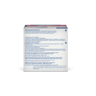 Dos d’une boîte de supplément nutritionnel pour animaux, texte multilingue sur la composition en acides gras essentiels oméga 3 et 6, instructions de conservation, volume net 224 ml visible.