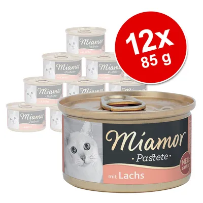 Miamor Pastete mit Lachs -kissan märkäruoka, 12 x 85 g annospurkit. Etiketissä kissan kuva ja teksti NEU: zarter.