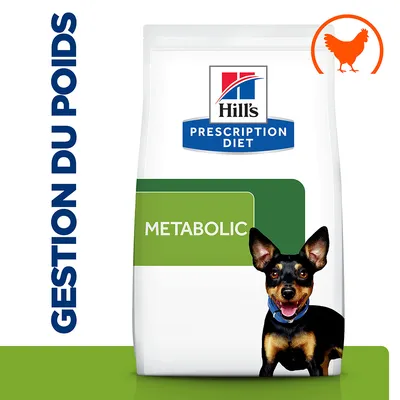 Sac Hill's Prescription Diet Metabolic pour chien, mention « gestion du poids », pictogramme poulet, texte visible : METABOLIC.