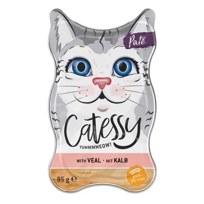Catessy Pate mit Kalb, 85g, getreidefreie Rezeptur. Verpackung in Katzenform mit Text 'Yummmmeow!'.
