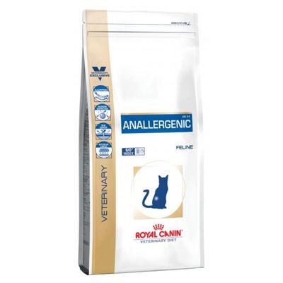 Royal Canin Veterinary Diet ANALLERGENIC Feline kattefoder, tekst: S/O INDEX, VETERINARY EXCLUSIVE, billede af kat. Synlige ikoner for egenskaber på siden af posen.