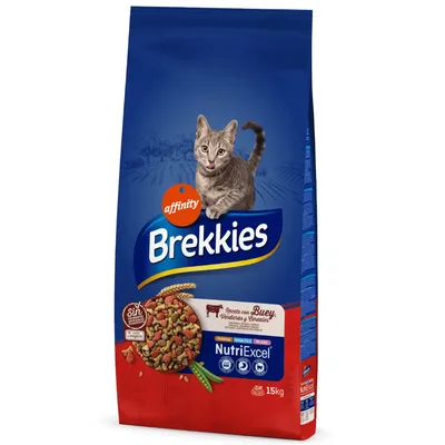 Affinity Brekkies NutriExcel comida para gatos, receta con ternera, verduras y cereales, 15kg. Símbolos visibles: sin azúcar añadido, nutrición equilibrada, favorece la digestión.