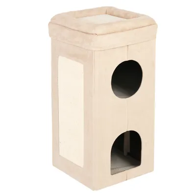 Beige kradsemøbel med to runde indgange, polstret liggeflade øverst og sideområde med sisal til kradsning.