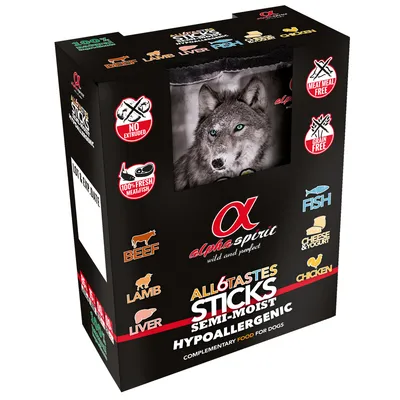 Ambalaj Alpha Spirit All 6 Tastes Sticks Semi-Moist Hypoallergenic pentru câini, cu vită, miel, ficat, pește, brânză & iaurt, pui. Text vizibil: fără cereale, fără făină de carne. Ambalaj Alpha Spirit All 6 Tastes Sticks Semi-Moist Hypoallergenic pentru câini, cu vită, miel, ficat, pește, brânză & iaurt, pui. Text vizibil: fără cereale, fără făină de carne.