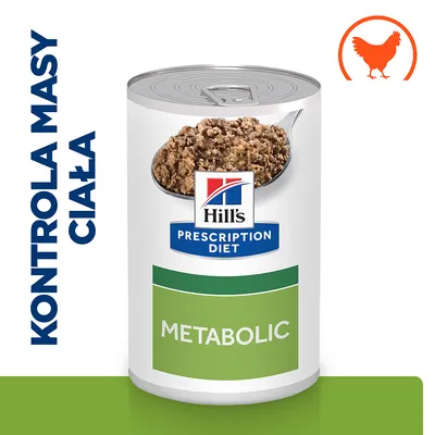 Hill's Prescription Diet Metabolic, puszka z karmą mokrą. Widoczny napis: KONTROLA MASY CIAŁA oraz symbol kurczaka.