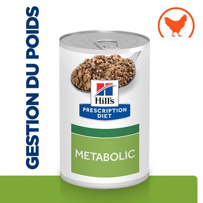Boîte de pâtée Hill's Prescription Diet Metabolic, texte visible : gestion du poids, image d'une cuillère avec pâtée et pictogramme poulet orange.