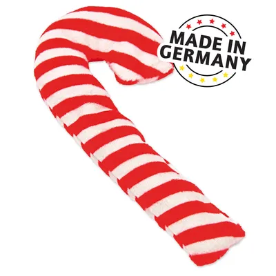 Плюшена играчка във формата на бастун с червено-бели ивици. Видим текст: MADE IN GERMANY.