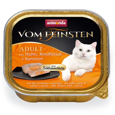 animonda Vom Feinsten ADULT mit Huhn, Rindfleisch + Karotten, cu imagine de pisică albă și felie de hrană umedă; text suplimentar: mit Schlemmerkern, with chicken, beef + carrots