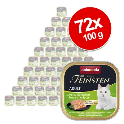 Animonda Vom Feinsten Adult, 72x100g, mit Pute, Hühnchenbrust und Kräutern. Nassfutter für Katzen mit Schlemmersauce.