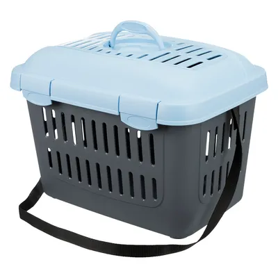 Plastic pet carrier with light blue lid, dark grey base, ventilation slots, black shoulder strap and top handle visible. No brand or text shown.