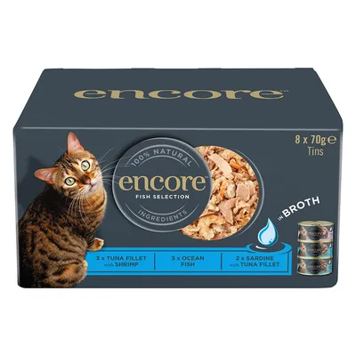 Encore Fish Selection, 8 x 70g dåser. Varianter: 3x tunfilet med rejer, 3x havfisk, 2x sardiner med tunfilet. 100% naturlige ingredienser i bouillon.