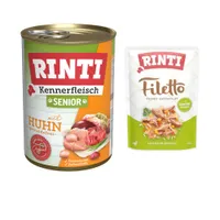 6 x 400 g RINTI Kennerfleisch + 100 g Filetto Pouch in Jelly mit Ente & Gemüse gratis! - Senior Huhn