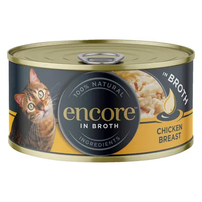Encore in Broth, 100% natürliche Zutaten, Hühnerbrust. Bild zeigt Dose mit Katzenmotiv und Produktabbildung.