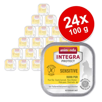 Animonda Integra Protect Sensitive Huhn Pur, gabonmentes, 24x100g. Alkalmas táplálékallergia esetén és a vizelet pH-értékének 6,3-6,9 támogatására.
