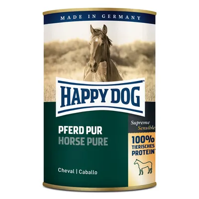 HAPPY DOG PFERD PUR HORSE PURE, Supreme Sensible, 100% tierisches Protein, Cheval Caballo, MADE IN GERMANY. Dåse med billede af hest på etiketten.