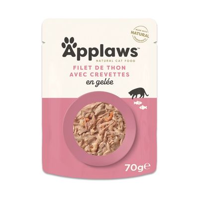 Lot de 16 sachets Applaws Chicken Breast with Beef in jelly, 70 g chacun. Texte visible : 16x70g, 70g, illustration de poulet et chat.
