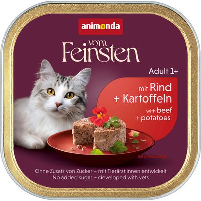 animonda vom Feinsten Adult 1+, med nötkött och potatis, utan tillsatt socker, utvecklad tillsammans med veterinärer, serveringsförslag på bilden