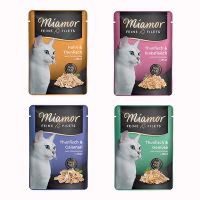 Miamor Feine Filets Thunfisch & Gemüse macskaeledel tasakban, fehér macskával, 100% filet, narancssárga körben: Próbálja ki!