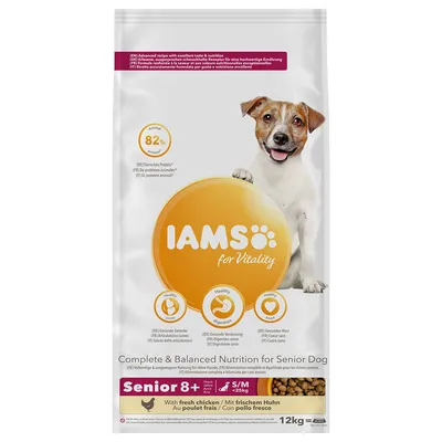 IAMS for Vitality Senior 8+ koiranruoka, tuore kana, S/M alle 25 kg, 12 kg. Eläinperäinen proteiini 82 %. Näkyvissä myös ravitsemus- ja terveysikoneita.