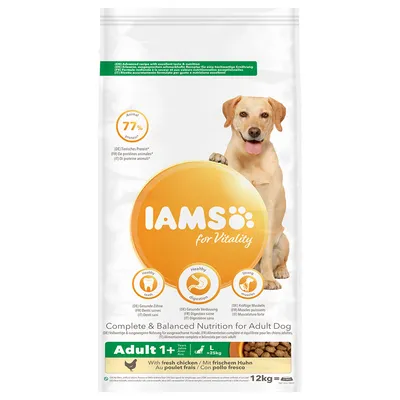 IAMS for Vitality Adult 1+ L >25kg, tuore kana, 12 kg. Eläinperäinen proteiini 77 %. Täysravinto aikuisille koirille. Näkyvissä myös ravitsemus- ja terveysikoneita.