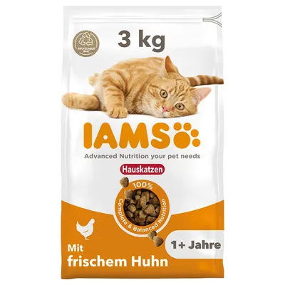 IAMS pienso seco para gatos domésticos, 3 kg, con pollo fresco, apto desde 1 año. Envase reciclable, 100% nutrición completa y equilibrada.