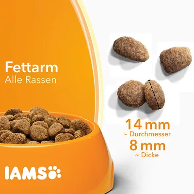 IAMS Fettarm Alle Rassen -kuivaruoan nappulat kulhossa ja erikseen, halkaisija 14 mm, paksuus 8 mm. Teksti saksaksi: 'Fettarm Alle Rassen', 'Durchmesser', 'Dicke'.