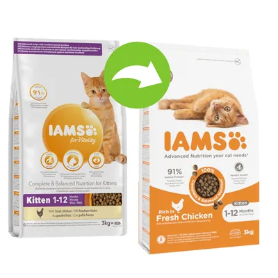 To poser IAMS kattemad til killinger 1–12 måneder, begge med orange kat og teksten '91% Animal Protein', 'Rich in Fresh Chicken', 3 kg. Grøn pil viser emballageskifte. To poser IAMS kattemad til killinger 1–12 måneder, begge med orange kat og teksten '91% Animal Protein', 'Rich in Fresh Chicken', 3 kg. Grøn pil viser emballageskifte.